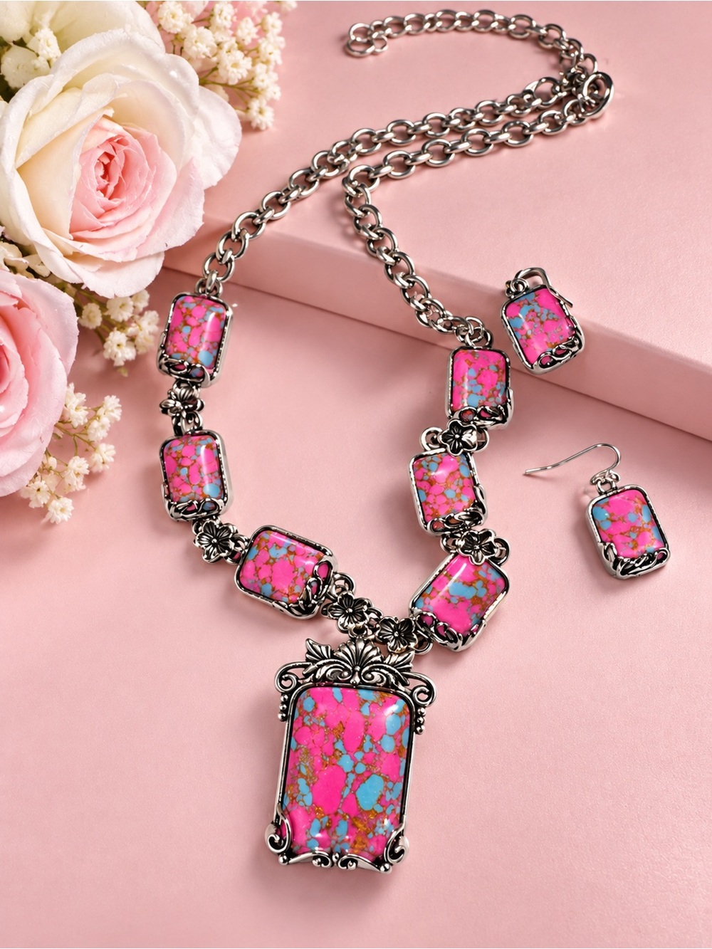 Pink Stone Statement Necklace and Earrings Set - Women Jewelry